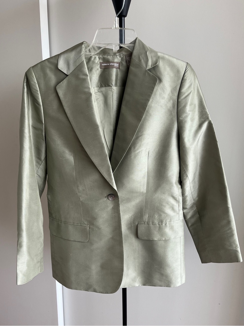 Valerie Stevens Womens Pistachio Green Silk Suit Jacket One Button Blazer Sz 8 P